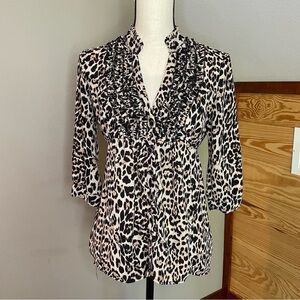 Love Haight Leopard Print Button Up Ruffle Front 3/4 Sleeve Top Small